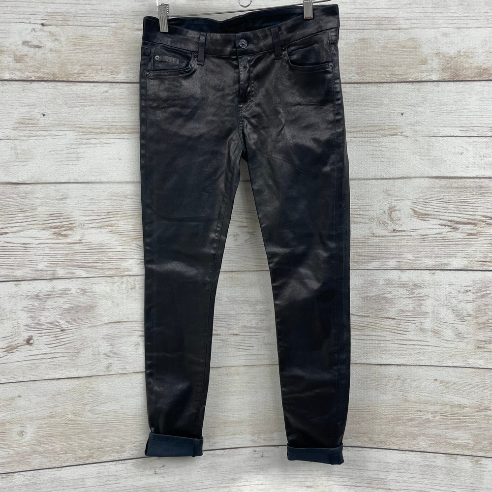 Seven 7 Black Faux Distressed Leather Stretch Skinny Pants‎ Womens Size 29 zip